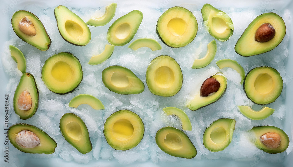 avocado fruit slices on frozen surface avocado fruit slices on frozen surface