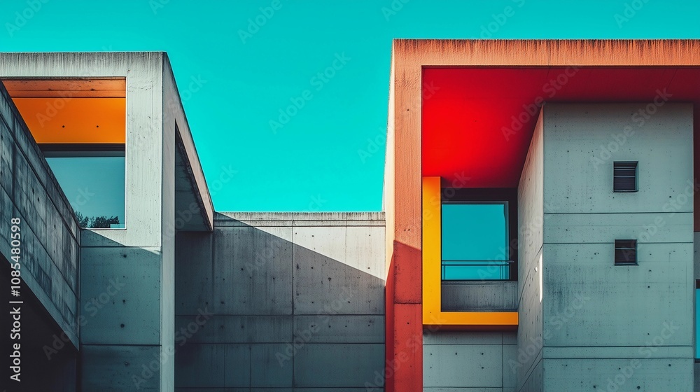Naklejka premium A minimalist photograph of two buildings, one with vibrant red and orange accents on the right side, set against an architectural background