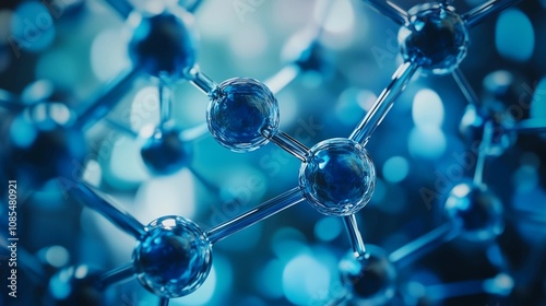 Blue background with a complex carbon metal structure, close-up of carbon molecules in the foreground, stock photo style