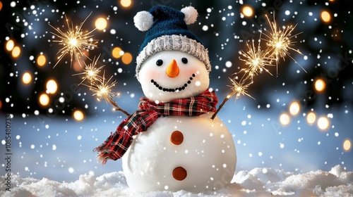 Festive Snowman with Sparklers Celebrating Winter Outdoors Holiday Decoration Nighttime Cheerful Atmosphere Joyful Experience