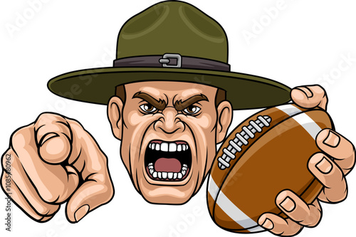 An angry drill instructor or sergeant bootcamp army soldier cartoon character holding American Football ball and pointing sports team mascot illustration.