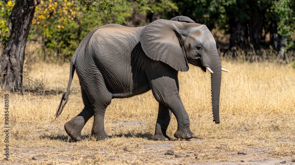 Fototapeta premium A solitary elephant walking through a dry, grassy landscape under a clear sky.