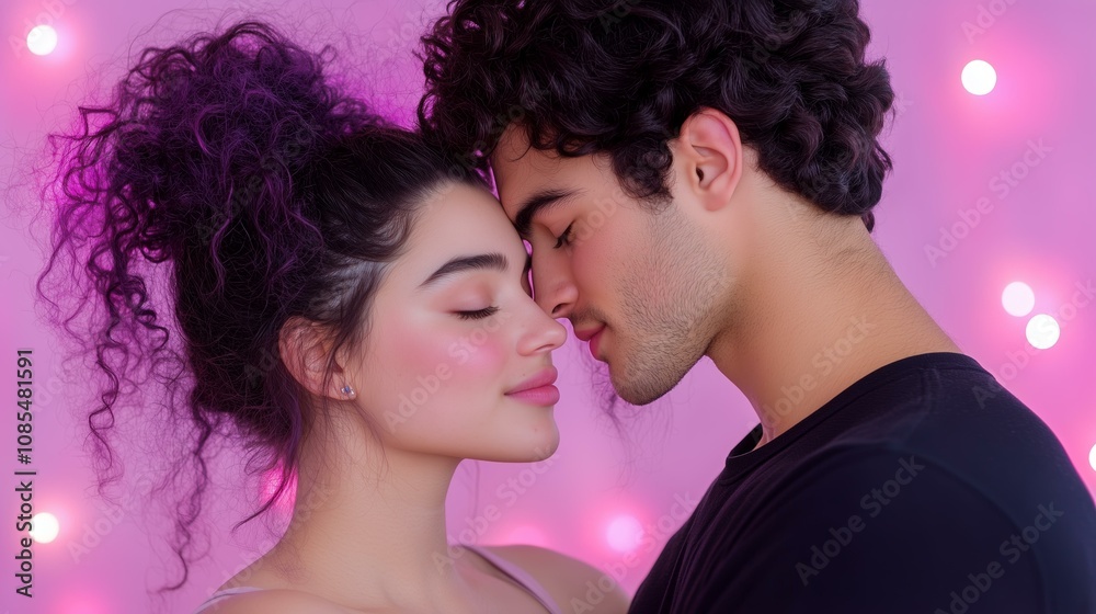 Romantic couple embracing against pink bokeh background Romantic couple embracing against pink bokeh background