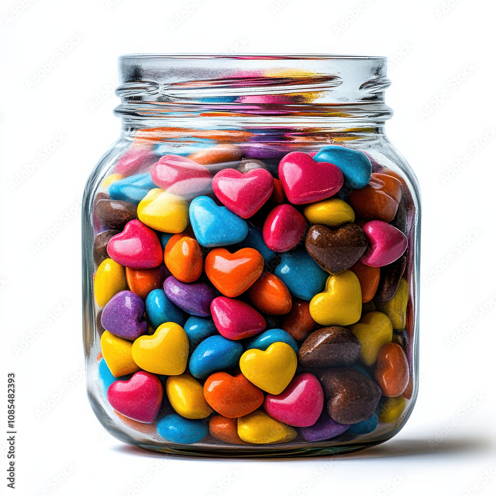Colorful candy hearts in glass jar create joyful display Colorful candy hearts in glass jar create joyful display