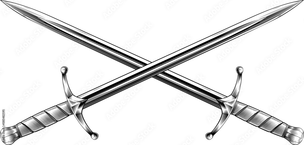 Illustration of two crossed medieval swords. Original illustration in a vintage retro engraving woodcut style. Suitable for use in heraldry