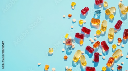 Colorful Pills and Tablets on a Blue Background
