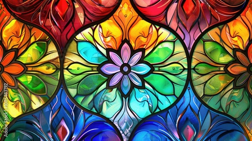 Colorful stained glass window with abstract flower pattern. Computer generated graphics.