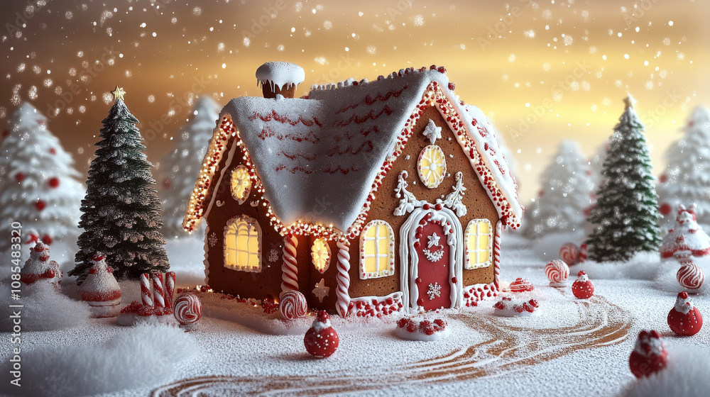 Gingerbread house in snowy landscape with candy decorations and warm lights, surrounded by trees. Concept of festive holiday cheer. For holiday greeting cards