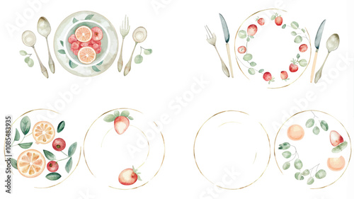 Watercolor vector set of plates, spoons, forks and berries