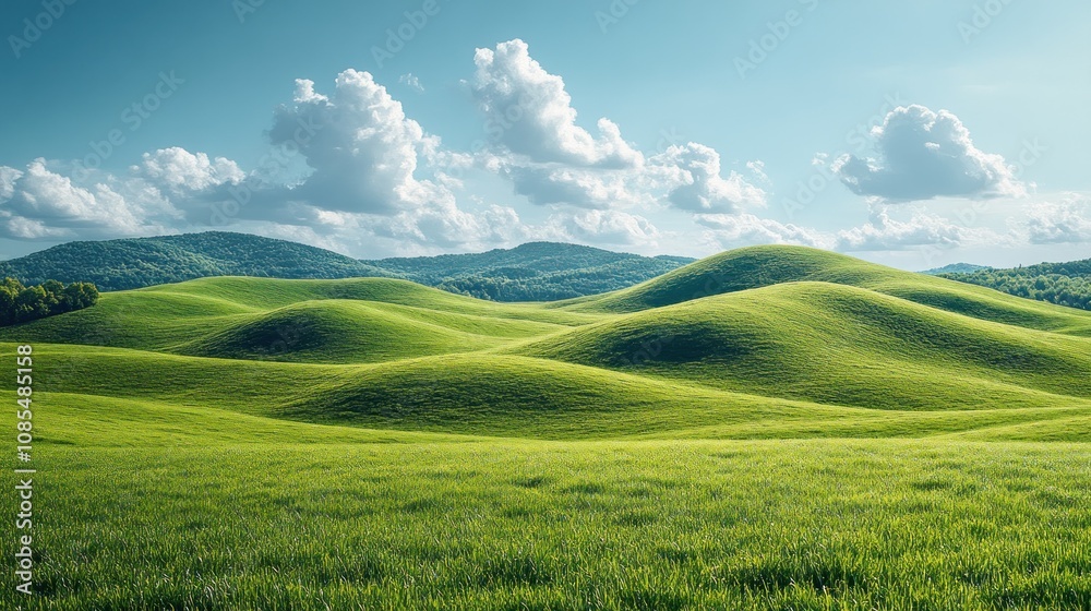 Fototapeta premium Lush green hills under a bright sky with fluffy clouds.