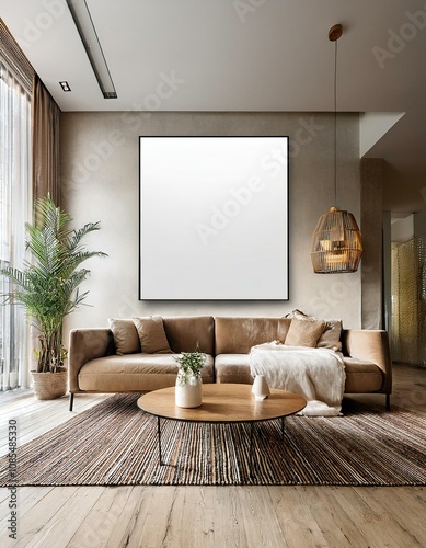 New minimalist room interior Home Poster mockup, with furniture.