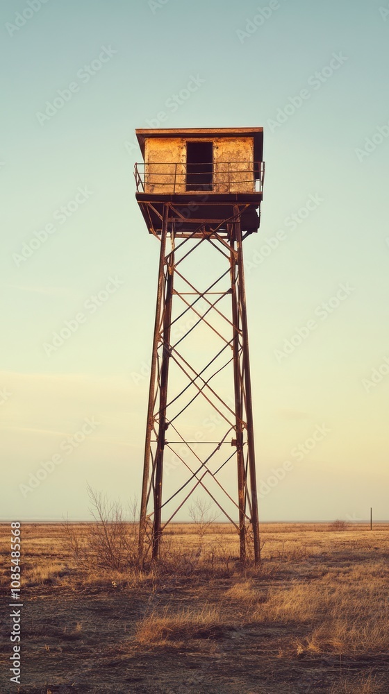 A tall wooden observation tower on a steel structure in an open landscape. A tall wooden observation tower on a steel structure in an open landscape.