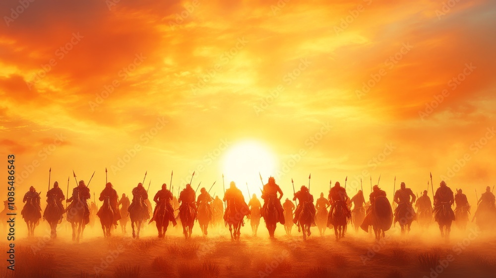 Silhouetted warriors march at sunset, capturing an epic historical moment of strength. Silhouetted warriors march at sunset, capturing an epic historical moment of strength.