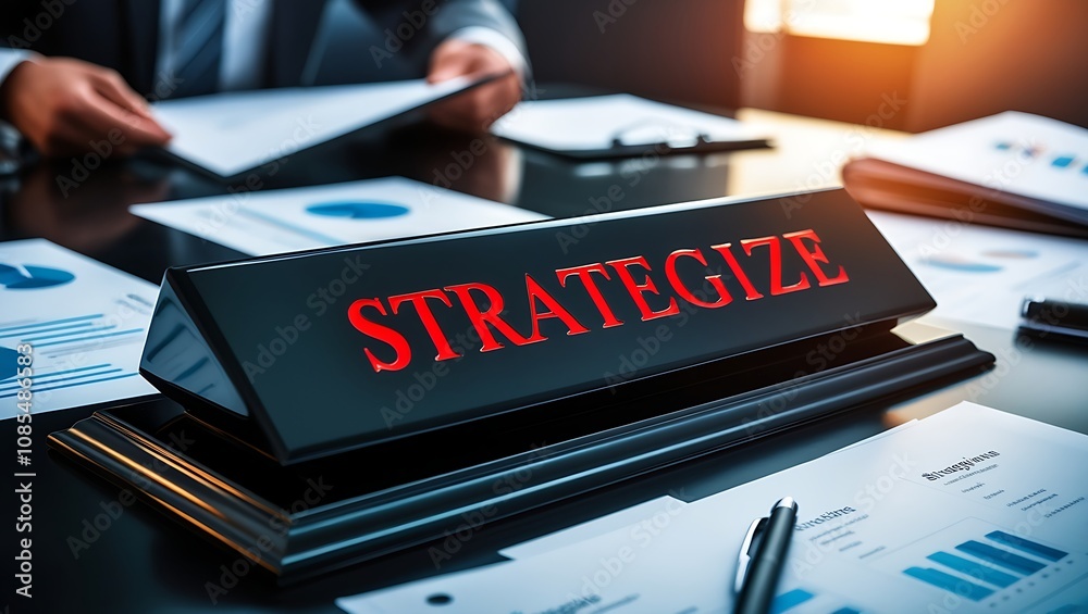 Strategize A black desk nameplate with Strategize A black desk nameplate with