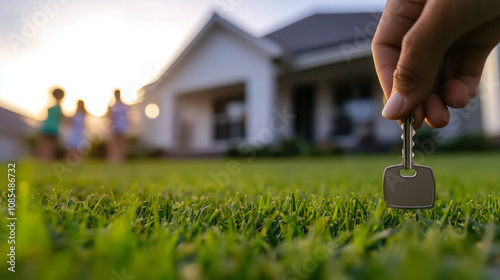 A hand with a new house key in focus, standing in front of a charming home, with childrenâs laughter captured as blurred movement on the grass. photo