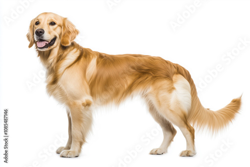 Playful Golden Retriever Dog Standing on White Background with Happy Expression, Showcasing Its Silky Coat and Friendly Personality in a Studio Setting photo