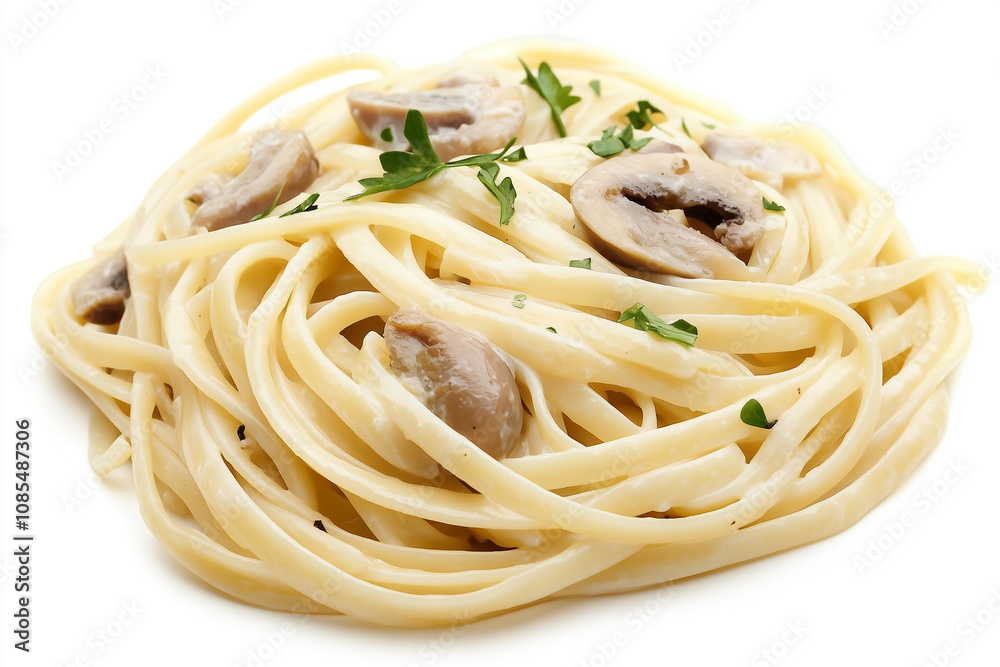 Creamy Linguine Pasta Dish with Mushrooms and Fresh Parsley on a White Background Ideal for Culinary and Food Photography Creamy Linguine Pasta Dish with Mushrooms and Fresh Parsley on a White Background Ideal for Culinary and Food Photography