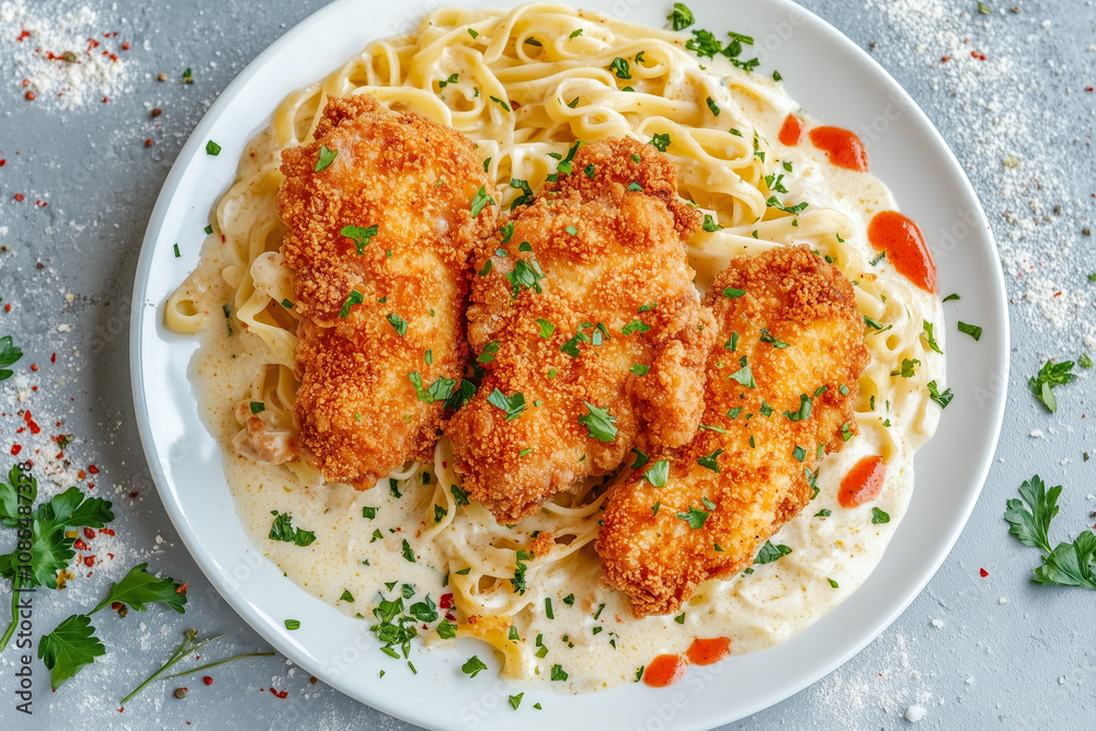 Delicious Plate of Crispy Chicken Served on Creamy Linguine with Fresh Herbs and Spices in an Elegant Presentation Delicious Plate of Crispy Chicken Served on Creamy Linguine with Fresh Herbs and Spices in an Elegant Presentation