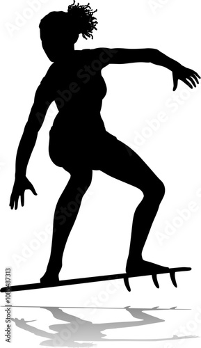 Surfer surfboard boarding female surfer surfing silhouette outline. Woman surf pose design concept.