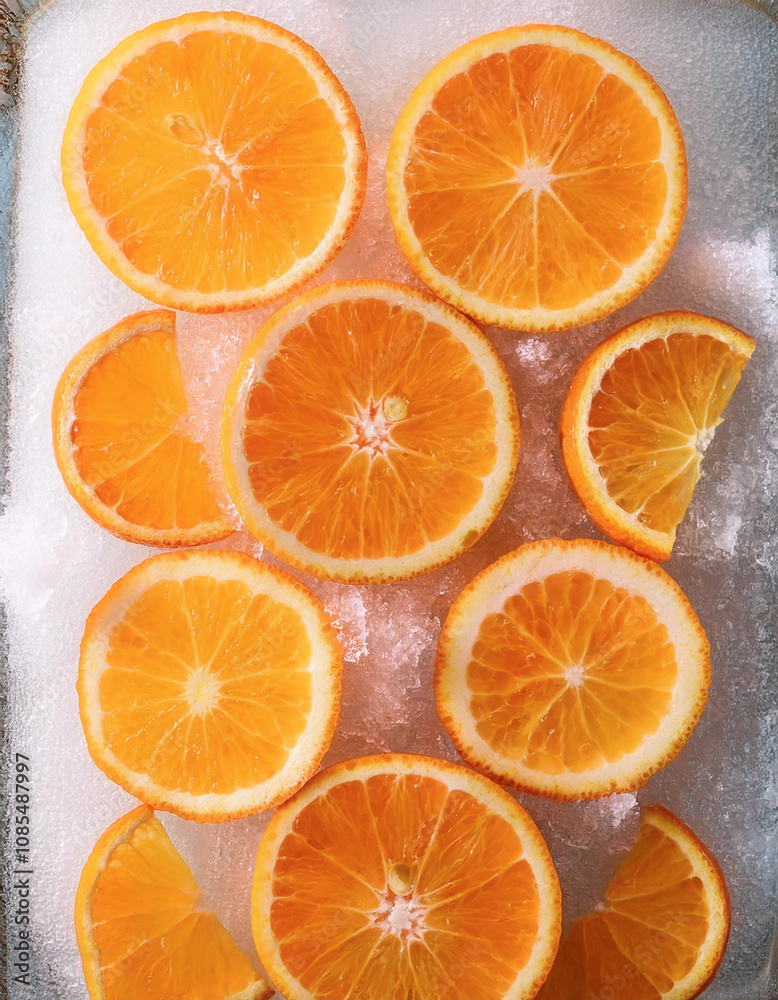 mandarine orange fruit slices on frozen surface mandarine orange fruit slices on frozen surface