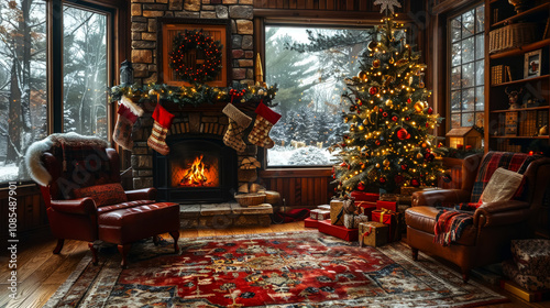 Living room decorated for Christmas. Tree with presents. Old fireplace with socks. Burning logs create coziness. View from huge windows to snowy forest. Feeling of warmth, comfort of winter holiday