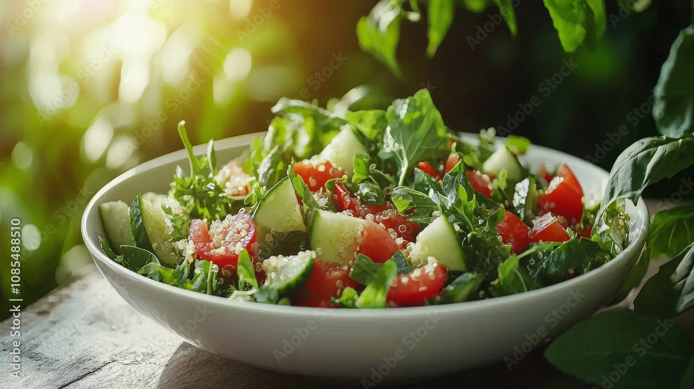 Fresh salad with vibrant vegetables and herbs, showcasing mix of greens, tomatoes, and cucumbers, perfect for healthy meal. Enjoy colorful presentation! Fresh salad with vibrant vegetables and herbs, showcasing mix of greens, tomatoes, and cucumbers, perfect for healthy meal. Enjoy colorful presentation!