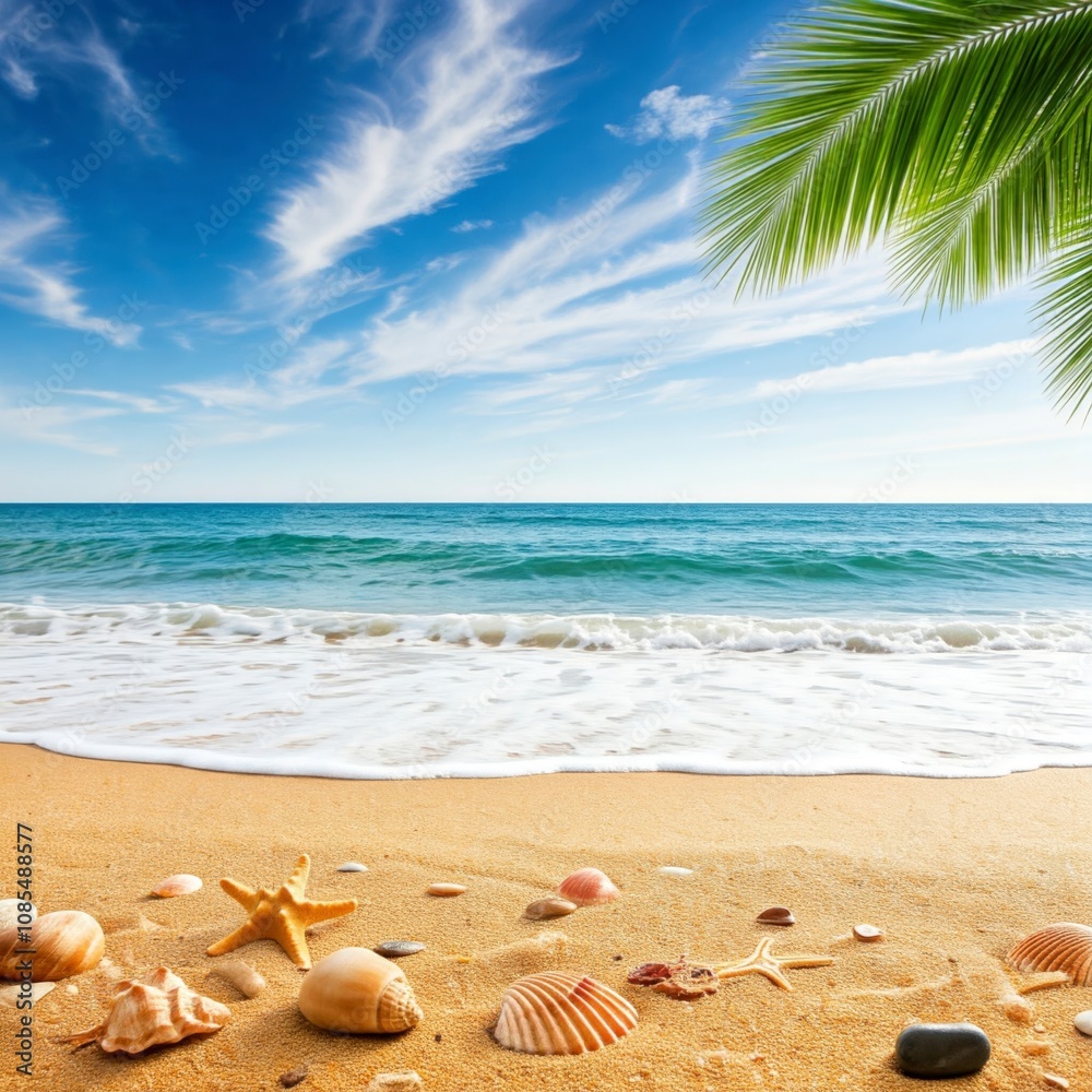 Scenic tropical beach with seashells and starfish on the sand and palm fronds in the foreground Scenic tropical beach with seashells and starfish on the sand and palm fronds in the foreground