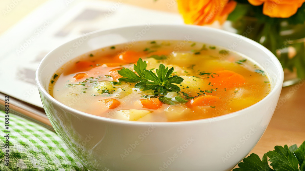 bowl of vegetable soup with fresh herbs, carrots, and potatoes, served warm. This comforting dish is perfect for cozy meal, showcasing vibrant colors and healthy ingredients bowl of vegetable soup with fresh herbs, carrots, and potatoes, served warm. This comforting dish is perfect for cozy meal, showcasing vibrant colors and healthy ingredients