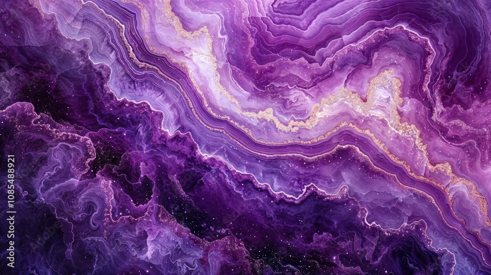 Fototapeta premium Abstract purple and gold marble texture with swirling patterns. Luxurious geode inspired design with deep violet waves and metallic encrusted veins. Modern artistic background. 8k