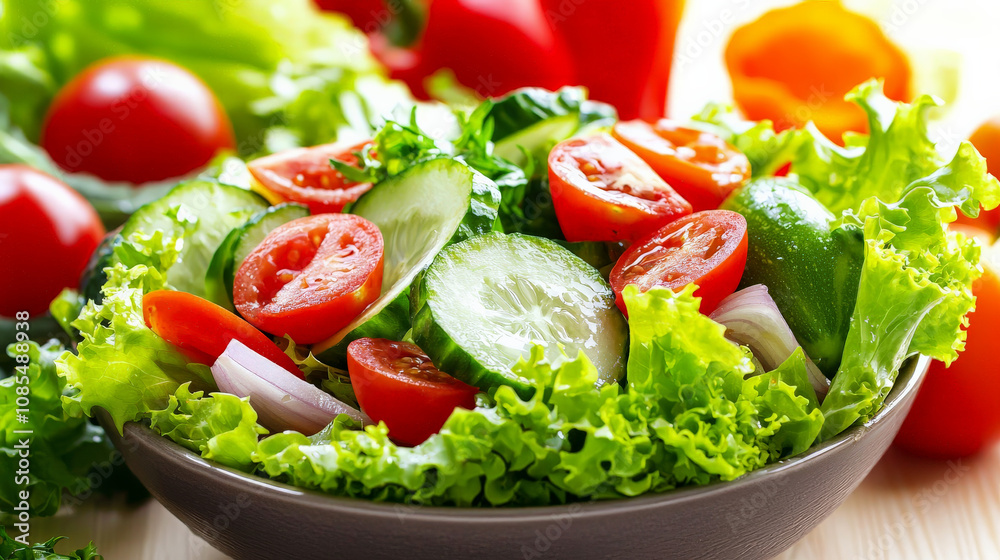 Fresh salad with vibrant tomatoes, cucumbers, and crisp lettuce, showcasing colorful arrangement of vegetables. Perfect for healthy meal or side dish Fresh salad with vibrant tomatoes, cucumbers, and crisp lettuce, showcasing colorful arrangement of vegetables. Perfect for healthy meal or side dish