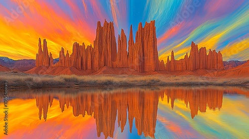 Red rock formations reflect in a still lake at sunset, with colorful clouds creating a vibrant sky.