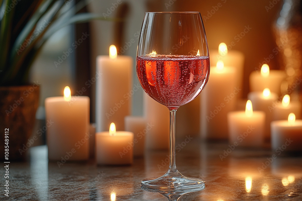 A romantic evening with sparkling drink and softly glowing candles in a cozy setting A romantic evening with sparkling drink and softly glowing candles in a cozy setting