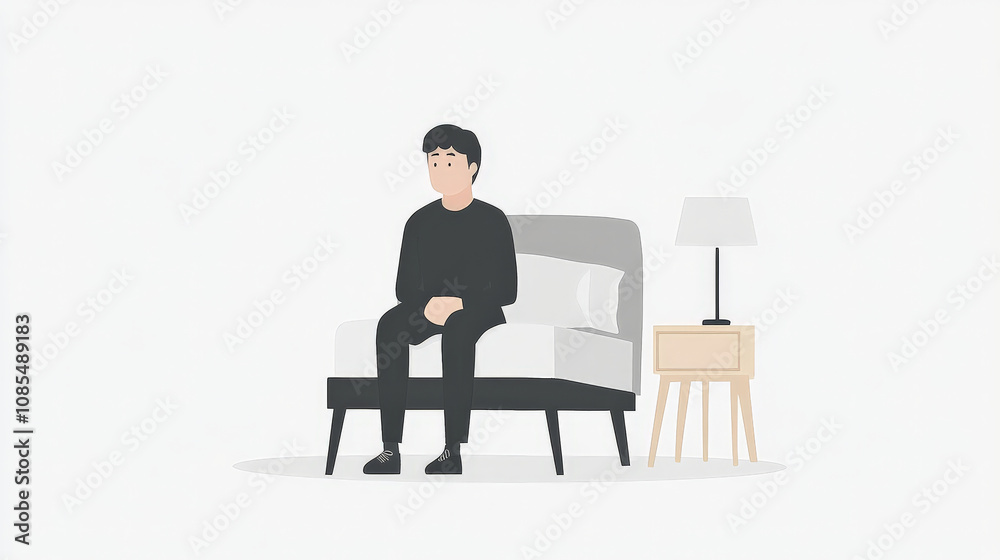 Fototapeta premium minimalist illustration of person sitting on sofa, looking contemplative. scene features lamp and side table, creating calm atmosphere