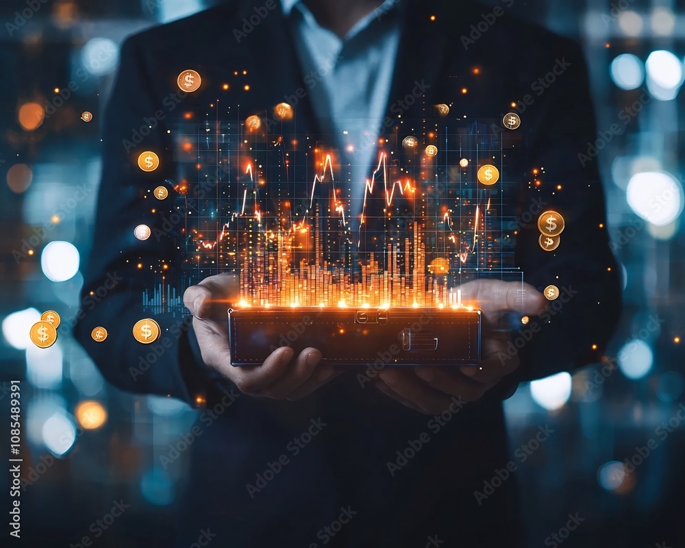 Obraz premium Businessman Holding Glowing Briefcase of Investment Opportunities with Floating Profit Charts and Coins Business Investment Concept