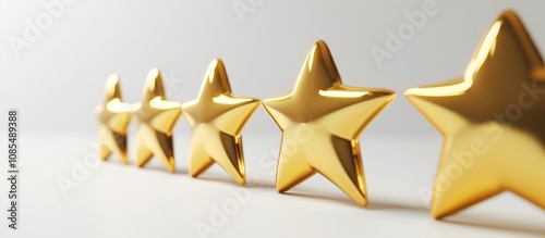 Row of 3D gold stars on white background in perspective. Premium rating system visualization with golden metallic finish showing quality review metrics. 8k panoramic banner photo