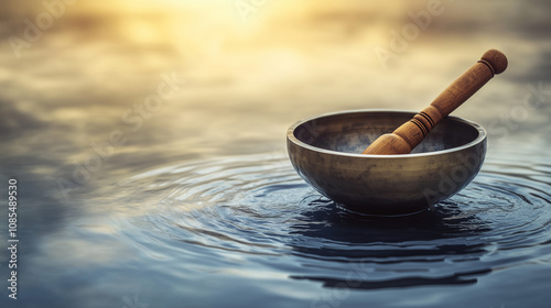 A serene meditation scene featuring a singing bowl being struck, creating ripples in water under soft lighting, symbolizing the healing power of sound vibrations.


