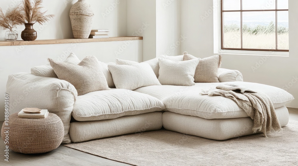 Fototapeta premium Cozy and Inviting Living Room Setting with Plush Textured Sofa, Decorative Pillows, and Natural Elements in a Bright Decorated Space