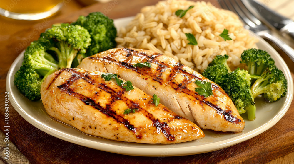 Grilled chicken breast served with steamed broccoli and rice, creating healthy and delicious meal. Perfect for nutritious lunch or dinner option Grilled chicken breast served with steamed broccoli and rice, creating healthy and delicious meal. Perfect for nutritious lunch or dinner option