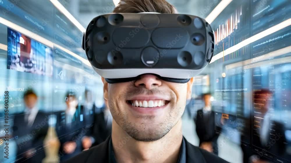 A man wearing a VR headset, smiling, with digital data and business figures in the background. A man wearing a VR headset, smiling, with digital data and business figures in the background.