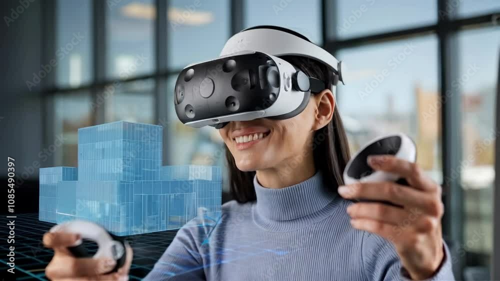 A woman wearing a VR headset, engaging with virtual 3D models and controllers. A woman wearing a VR headset, engaging with virtual 3D models and controllers.