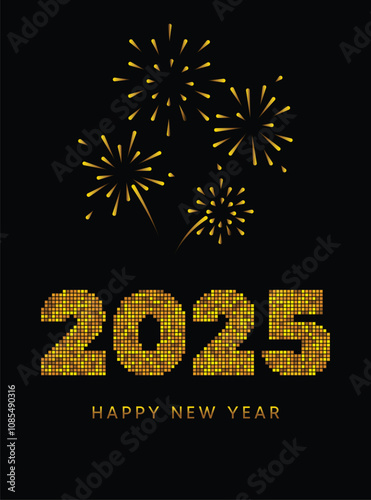 happy new year 2025 glitter text with fireworks vector poster