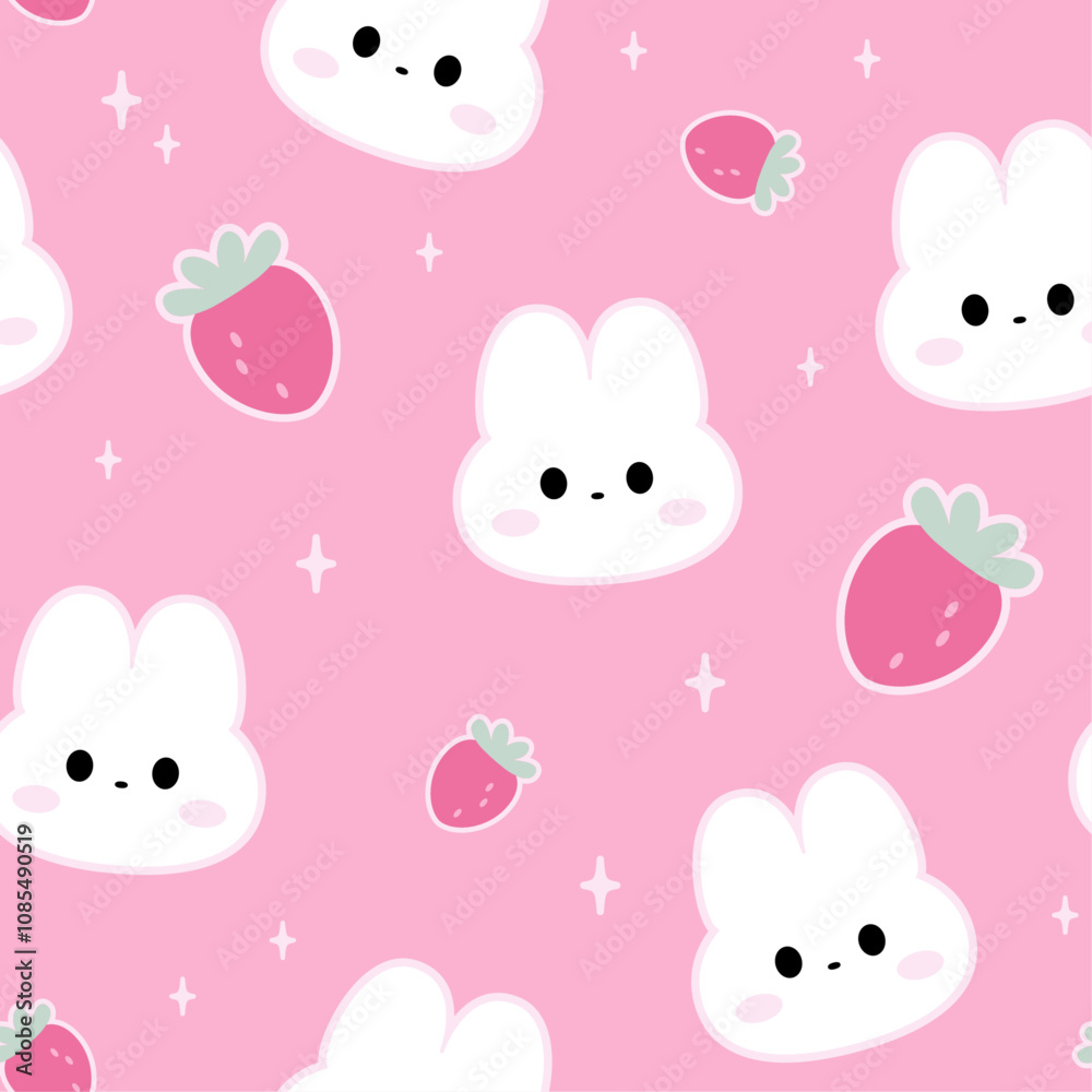 Seamless pattern with kawaii bunny and strawberry. Hand drawn vector illustration. Cute texture for print, textile, fabric. Seamless pattern with kawaii bunny and strawberry. Hand drawn vector illustration. Cute texture for print, textile, fabric.