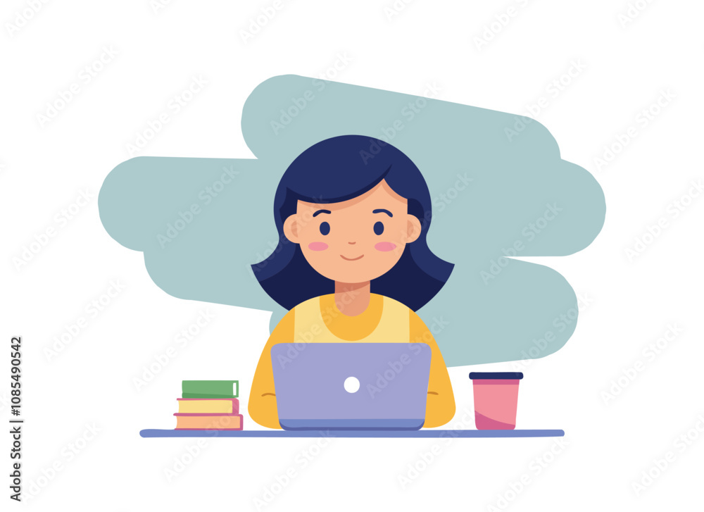 Cartoon Woman Working on Laptop: Cute Remote Work Illustration Cartoon Woman Working on Laptop: Cute Remote Work Illustration
