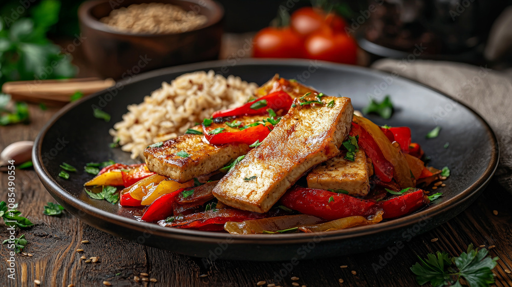 vibrant plate of baked tofu served with colorful bell peppers and brown rice, garnished with fresh herbs, creating delicious and healthy meal vibrant plate of baked tofu served with colorful bell peppers and brown rice, garnished with fresh herbs, creating delicious and healthy meal