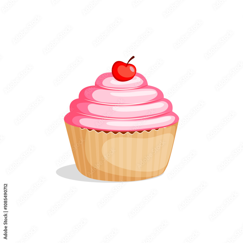 Cupcake with pink icing and cherry. Vector illustration