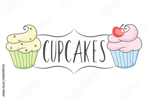 The cupcake logo. A simple hand-drawn label with cherry and vanilla cupcake. Vector template for labels, stickers.