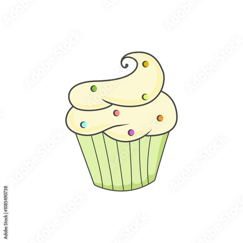 Cute cupcake with colored sprinkles. Vector illustration