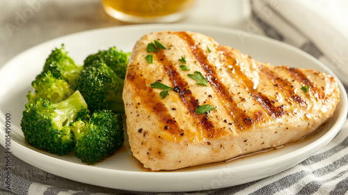 Grilled chicken breast served with steamed broccoli on white plate, showcasing healthy meal option. vibrant green broccoli complements golden brown chicken, creating appetizing presentation