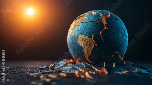 Cracked globe symbolizes disrupted global economy, broken trade links, international conflict.