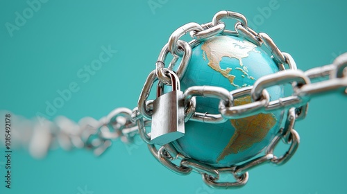 Globe locked in steel chains with padlock, symbolizing global trade restrictions, economic limitations.